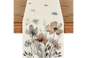 Artoid Mode Brown Poppy Floral Leaves Spring Table Runner, Seasonal Summer Kitchen Dining Table Decoration for Home Party Decor 13x72 Inch
