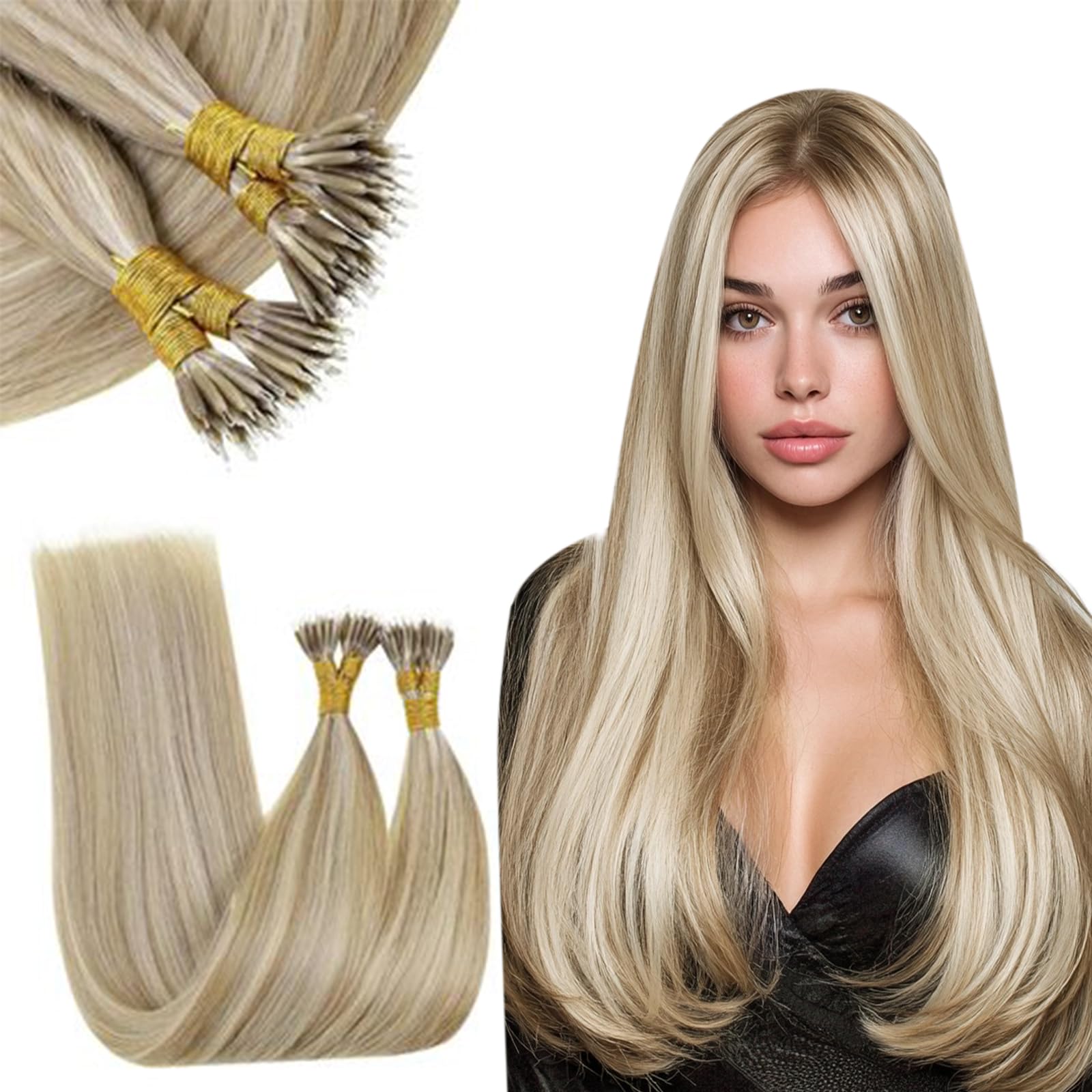RUNATURE Blonde Nano Hair Extensions Real Human Hair 16 Inch Nano Ring Hair Extensions Real Human Hair Blonde Highlight Brown Nano Beads Hair Remy Invisible Nano Hair 50s 50g #8P60 — image 1