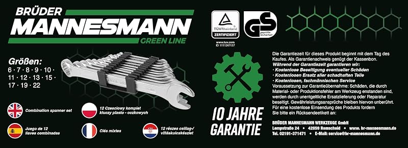 Brüder Mannesmann Gabelringschlüssel Set, 12-teilig - Gabelschlüsselsatz nach DIN 3113 - verchromter Satz Ring-Maulschlüssel mit polierten Köpfen, aus Chrom-Vanadium-Stahl - 6 bis 22 mm | M19652