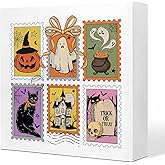 DOFQZ Vintage Halloween Ghost Wooden Box Sign Desk Table Decor, Preppy Halloween Decoration, Spooky Witchy Gothic Pumpkin Skull Haunted House Black Cat Wood Sign for Home Desk Table Shelf Decor, 5x5 Inch
