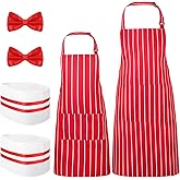 XLSXEXCL 6 Pcs 1950s Waiter Costume Kit, Soda Jerk Costume Kit, Red and White Striped Apron with 2 Pockets, Chef Hat, Adjustable Red Bow Ties Accessories for Circus Carnival Costume Party