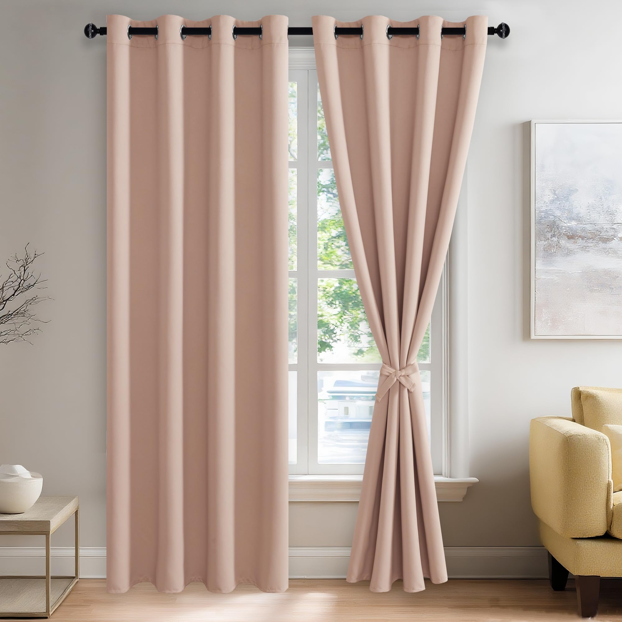 JIUZHEN Blackout Curtains with Tiebacks - Thermal Insulated, Light Blocking and Noise Reducing Grommet Curtain Drapes for Bedroom and Living Room, Set of 2 Panels, Blush Pink, 52 x 84 Inch Length Image