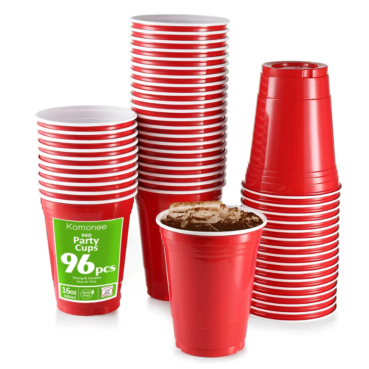 Komonee Red Cups 16oz 500ml Wide Rimmed Disposable American Superbowl Party Cups USA Adult Novelty Plastic Glass 96pc