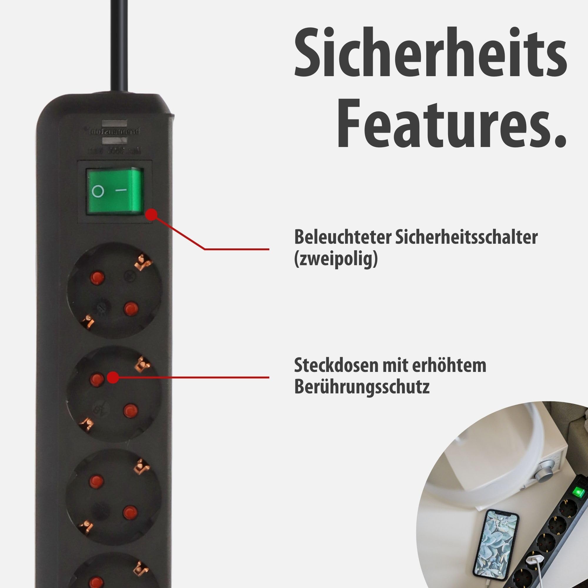 Brennenstuhl Eco-Line, Steckdosenleiste 6-Fach (Mehrfachsteckdose mit erhöhtem Berührungsschutz, Schalter und 1,5m Kabel) schwarz 3