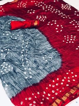 Womens Cotton Silk Weaving Border Work Bandhani Bandhej Saree With Blouse Piece (Red)
