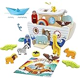 bpmfkid Noah's Ark Wooden Toy Set, Educational Wooden Animal Toys for Toddlers, Montessori Shape Sorter Educational Toys, Bib