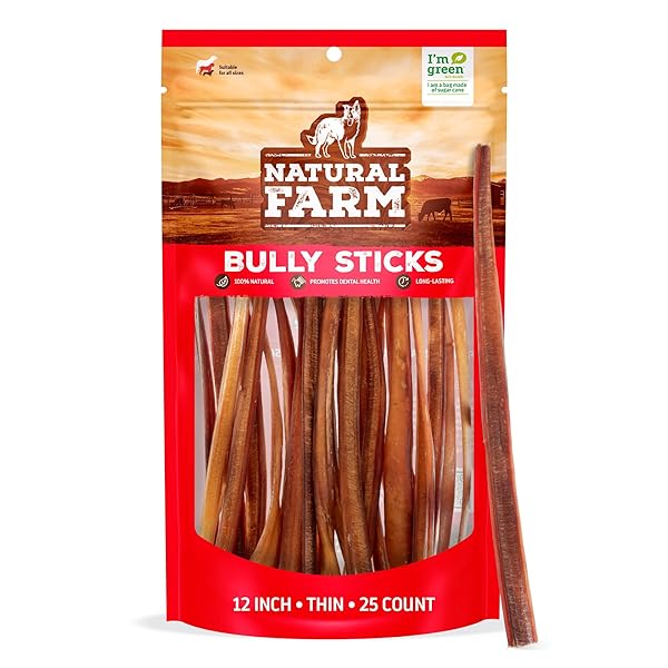 NATURAL FARM ODOR-FREE THIN BULLY STICKS (12”, 25-PACK) ALL-NATURAL LONG-LASTING DOG CHEWS, 100% BEEF PIZZLE, GRASS-FED, GRAIN-FREE, PROTEIN FOR MUSCLE DEVELOPMENT & ENERGY, PERFECT FOR LARGE DOGS