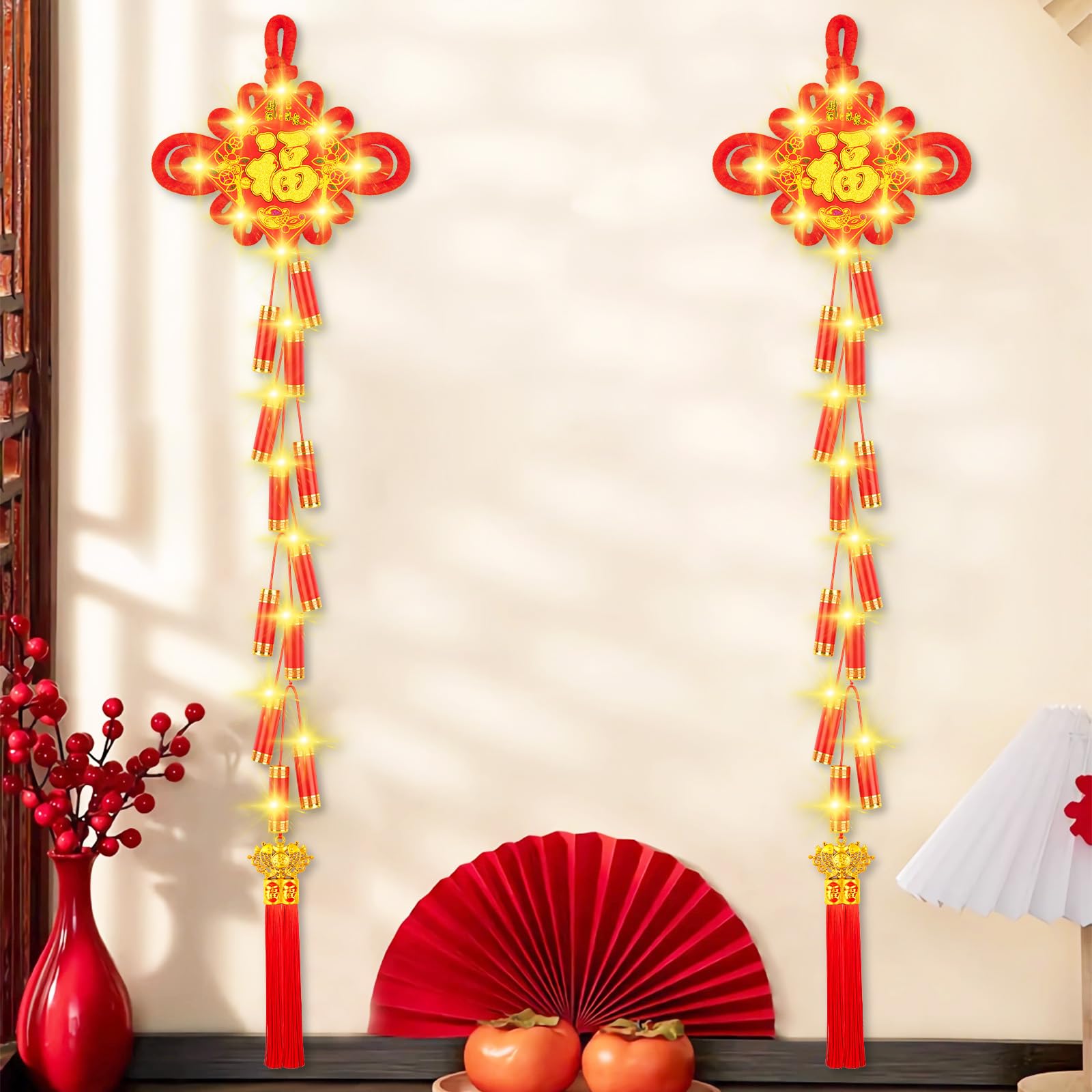 Photo 1 of 2 Pcs Chinese New Year Hanging Decorations Electronic Firecrackers Chinese Knots Firecrackers LED Decorations for Chinese New Year Spring Festival Lunar New Year