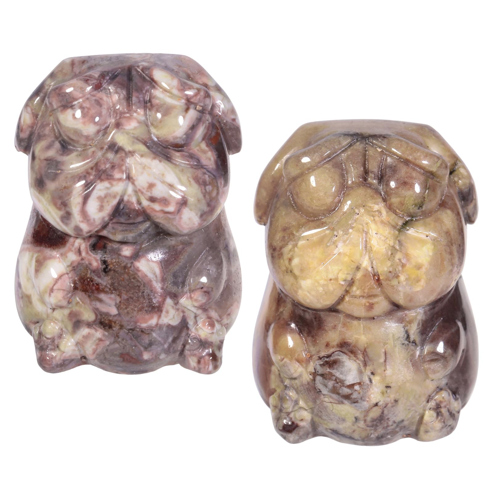 Nupuyai 2pcs Ocean Jasper Mini Crystal Stone Statue Carved Animal Pug Dog Puppy Pekinese Set of 2, Energy Healing Stone Figurine Home Office Decor