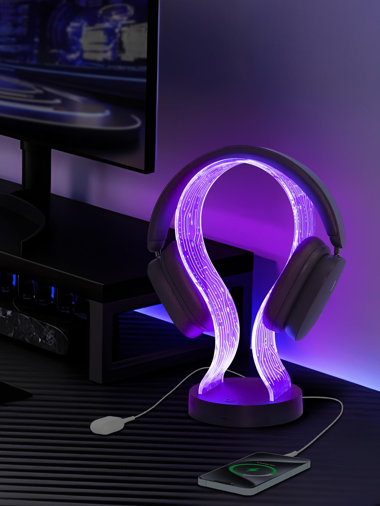 CoolGift Mart Beleuchteter Kopfhörerständer mit 16 Farbe Lichter, PCB-Muster Acryl Kopfhörer Stand mit 1 USB und 1 Typ-C Ladeanschlüsse, Geschenke für Gamer Männer und Musikliebhaber 8