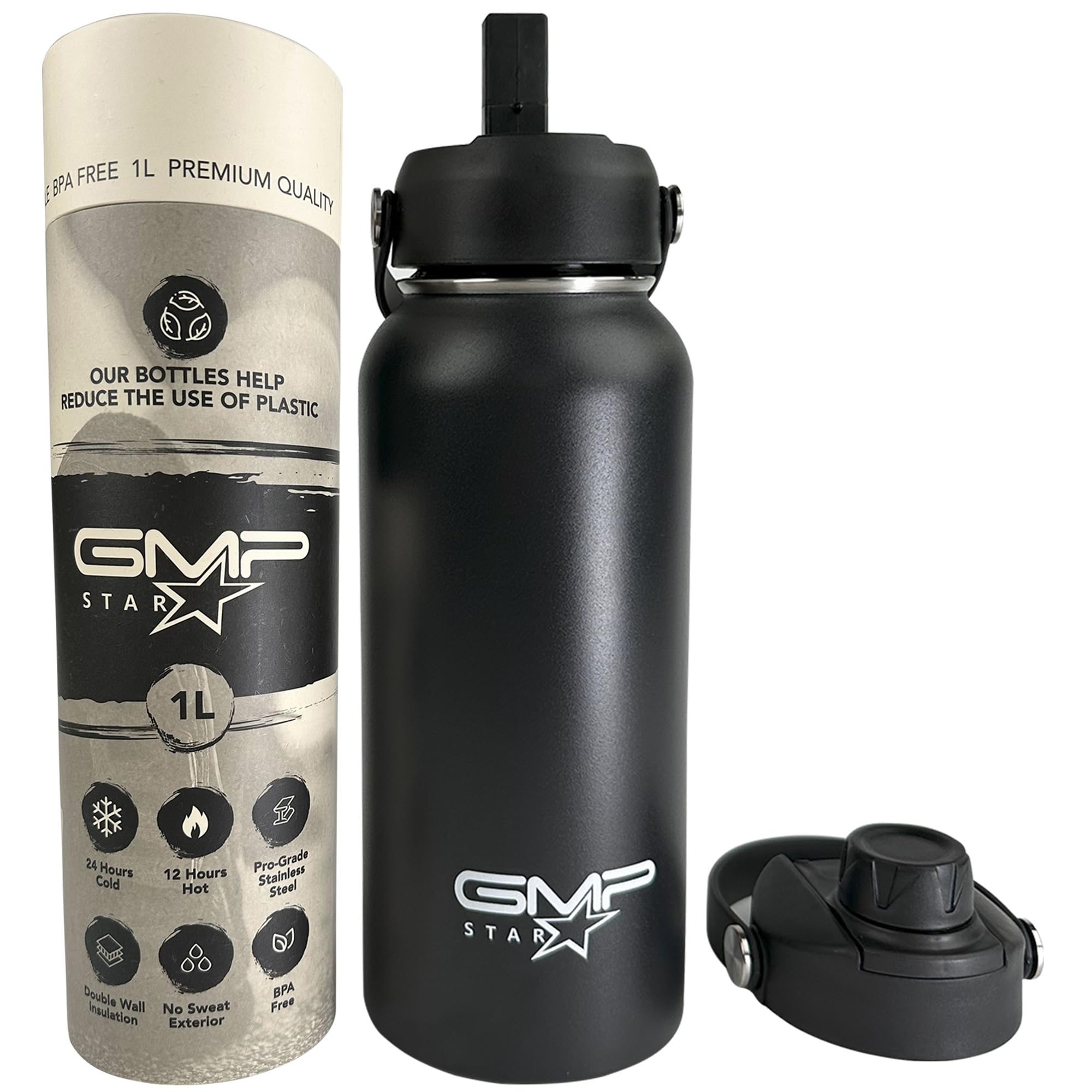 GMP star 18-8 Stainless Steel-Double-Wall Vacuum Insulation Water Bottle for Hot and Cold Drinks with Straw,1 Litre,Black,UK Company