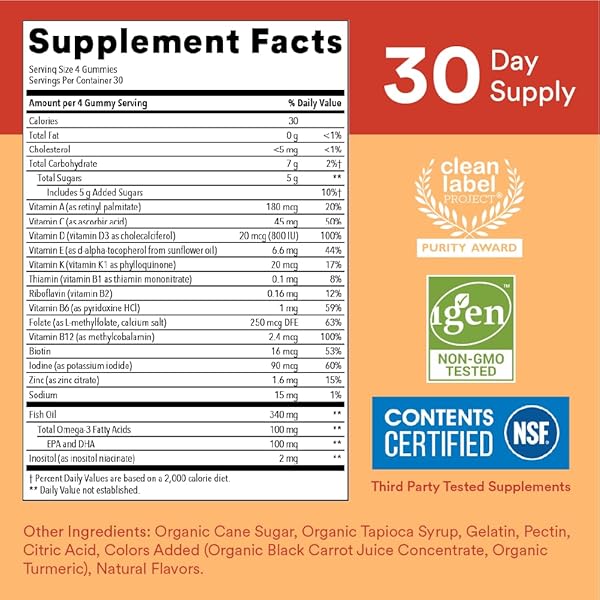 SMARTYPANTS KIDS MULTIVITAMIN GUMMIES: OMEGA 3 FISH OIL (EPA/DHA), VITAMIN D3, C, VITAMIN B12, B6, A, K & ZINC FOR IMMUNE SUPPORT, BIOTIN, GLUTEN FREE, THREE FRUIT FLAVORS, 120 COUNT (30 DAY SUPPLY)