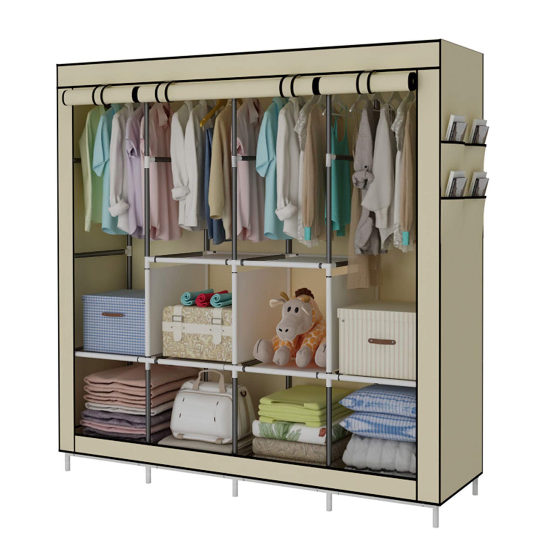 YAYI Portable Wardrobe Clothing Wardrobe Shelves Clothes Storage Organiser With 4 Hanging Rail,Beige