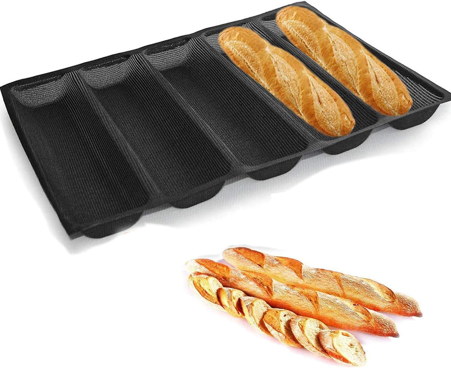 ZPSHYD Baguette Baking Pan,5-Cavity French Bread Baguette Mold,Hoagie Roll Mold,Baguette-Shaped Baking Tray,Reusable (Black)