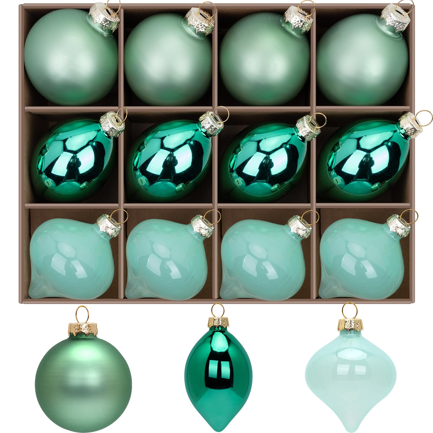 Photo 1 of 12 Pcs Green Glass Christmas Ball Ornaments Set, Assorted Hanging Baubles for Christmas Tree, Vintage Blown Green Decorations for Winter Holiday Xmas Tree Décor