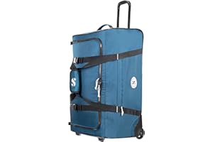 SCUBAPRO Sport 105 Wheeled Dive Bag with Telescopic Double-Bar Tow Handle, Carry Handles and Double Duffel Straps for Scuba Diving Gear, Denim Blue Color Fabric