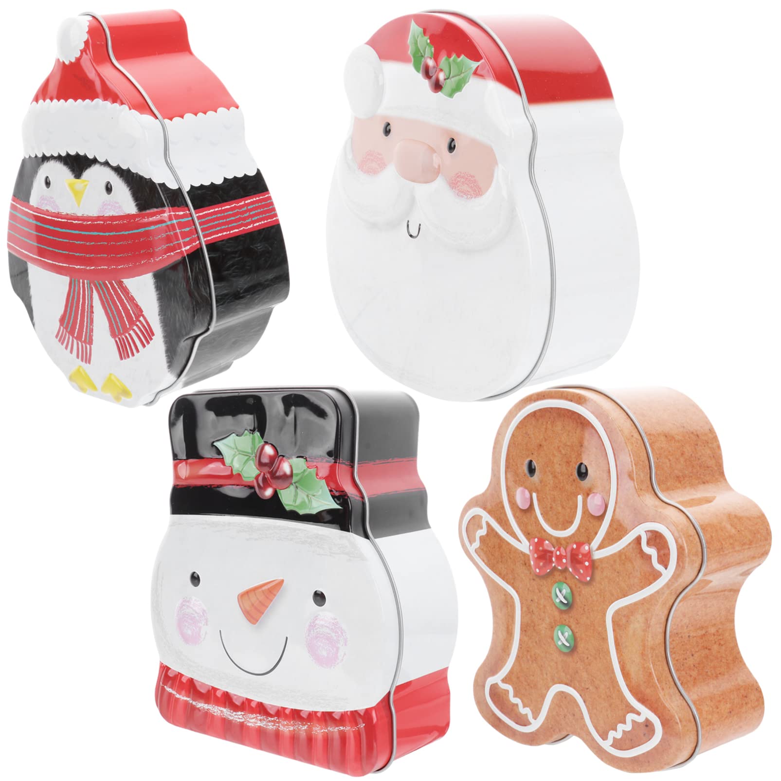 4pcs Christmas Tin present Box Candy Tin Box Storage Containers Santa Snowman Gingerbread Man Penguin Biscuit Container for Party Dinner Event