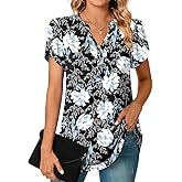 POPYOUNG Womens Plus Size Business Summer Henley Tunic Tops Button Down T-Shirts Petal Sleeve V-Neck Casual Blouses