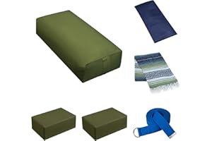 Sunshine Yoga 6-Pack Restorative Yoga Kit, 1 Yoga Bolster (24" x 12" x 6"), 2 Yoga Blocks (4" x 6" x 9"), 1 6ft D-Ring Yoga Strap, 1 Mexican Yoga Blanket, and 1 Unscented Sateen Eye Pillow