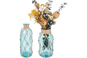 GLASSWINDS 2PCS Coastal Glass Vases for Flowers, Light Blue Flower Vase with with Boho Rope Sea Glass Vase Nautical Beach Bot