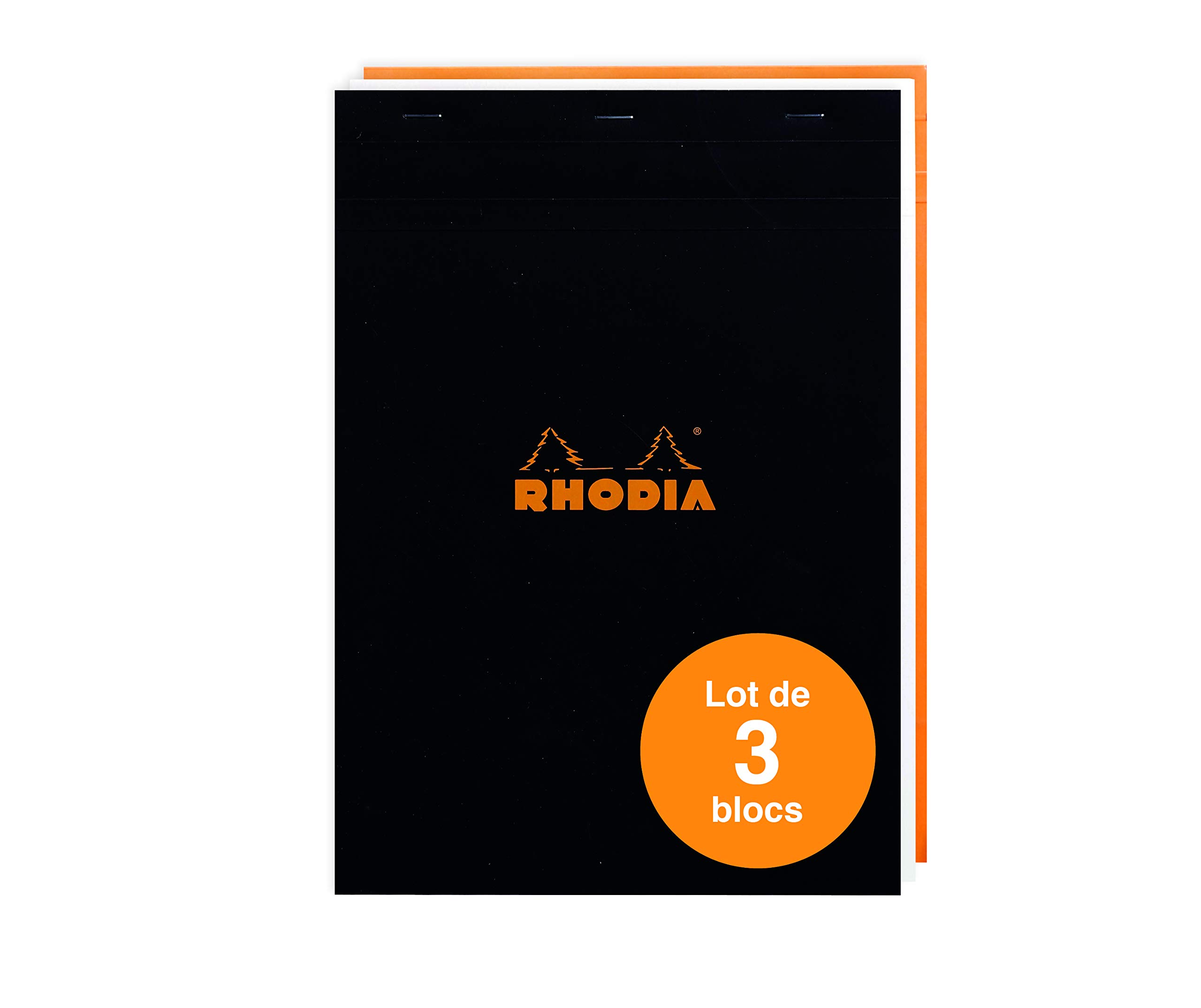 RHODIA 182019Amzc - Set of 3 Stapled Notepads No. 18 Black/Orange/White - A4 - Small Squares - 80 Detachable Sheets - White Clairefontaine Paper 80 g/m - Soft and Resistant Cover