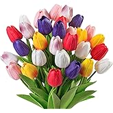 Ouddy Decor 30 Pcs Multicolor Tulips Artificial Flowers Real Touch PU Faux Flowers Fake Tulips Stems for Spring Summer Bouquet Floral Room Table Party Wedding Easter Mothers Gifts Home Decorations