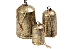 TICKCACY Metal Harmony Bells Set of 3, Shabby Chic Cow Bells for Crafts, Vintage Rustic Christmas Hanging Bells for Door, Brass Christmas Ornaments Decorative Cowbell On Jute Rope, 9”, 7”, 5”H