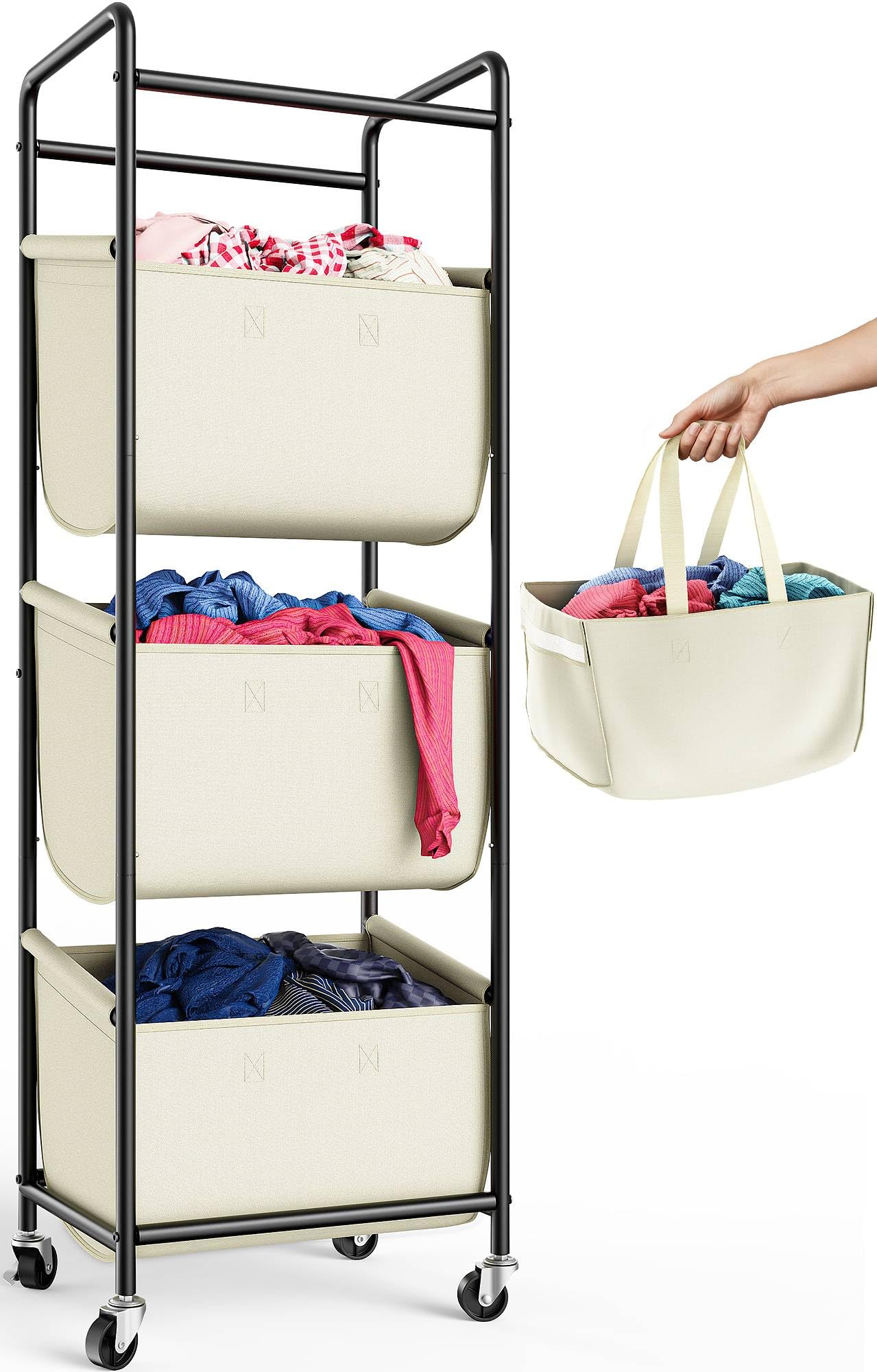 Photo 1 of 3 Section Laundry Sorter with Removable Bags, 120L Rolling Vertical Laundry Hamper, Stackable Laundry Baskets organizer for Bathroom, Apartment, Dorm (Beige, With Wheel)