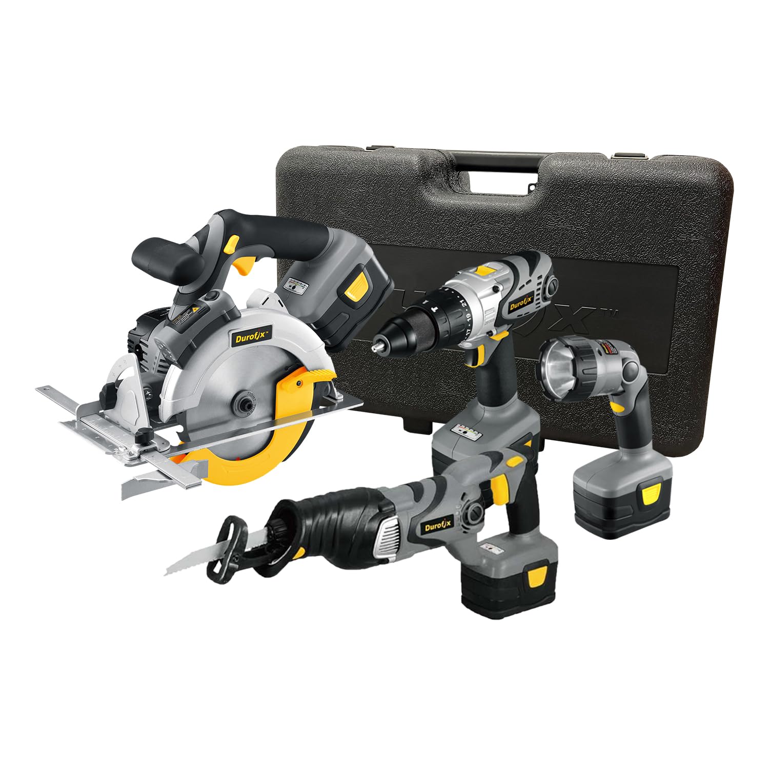 Durofix RK2080JCL 18V (20V) Lithium-Ion 4-in-1 Cordless Power Tools Combo Kit | Tools Set Includes Hammer Drill, Reciprocating Saw, Circular Saw, Flashlight, Battery, Charger & Canvas Bag