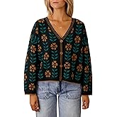 Saodimallsu Womens Floral Print V Neck Cardigan Open Front Button Down Knit Sweater Long Sleeve Loose Fashion Tops