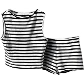 MakeMeChic Women's 2 Piece Striped Sets Two Piece Vacation Going Out Outfit Crop Tank Top and Mini Shorts Sets