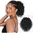 ALXNAN Wavy Curly Ponytail Extension, 8" Black Drawstring Ponytail for Black Women Short Soft Natural Synthetic Hairpiece Thick For Daily Use