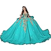 YuVanty Gold Appliques Quinceanera Dresses with Big Bow Glitter Beaded Ball Gown with Train Puffy XV Dress YU020