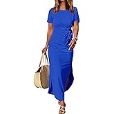 Prinbara Womens Summer Maxi Dress Casual Short Sleeve Tie Waist Split Long Tshirt Dresses 2026 Spring Vacation Cruise Clothes