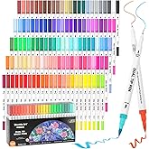 120 Colors Dual Tip Brush Marker Pens with 1 Coloring Book, Fineliner and Brush Dual Tip Markers Set, Water-based Ink Perfect for Kids Adult Artist Calligraphy Hand Lettering Journal Doodling Writing