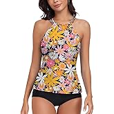 WOWENY Womens Swim Tankini Tops High Neck Bathing Suit Slim Fit Swim Tops UPF 50+ Tummy Control Swimsuits No Bottom