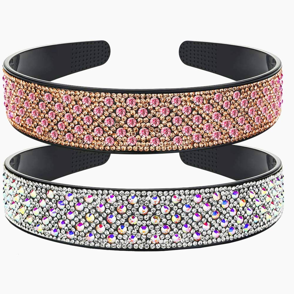 2Pcs Crystal Rhinestone Headband Teeth Comb Headbands Crystal Beaded Bling Hairbands Non-slip Hard Headbands Wide Hair Hoop Hair Accessories for Women Girls