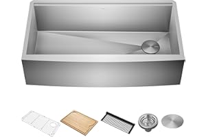 KRAUS Kore 36-Inch Farmhouse Workstation 16 Gauge Single Bowl Stainless Steel Kitchen Sink with Accessories, KWF210-36