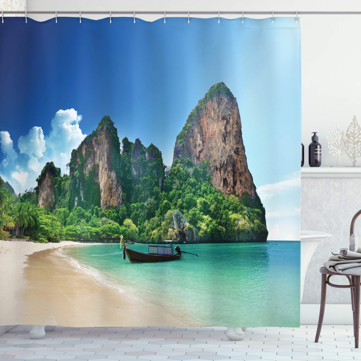 ABAKUHAUS Tropical Shower Curtain, Railay Beach Krabi Thailand Small Boat Crystal Water Rock Cliff Tropical Landscape, Cloth Fabric Bathroom Decor Set with Hooks, 94 Inches, Blue Green