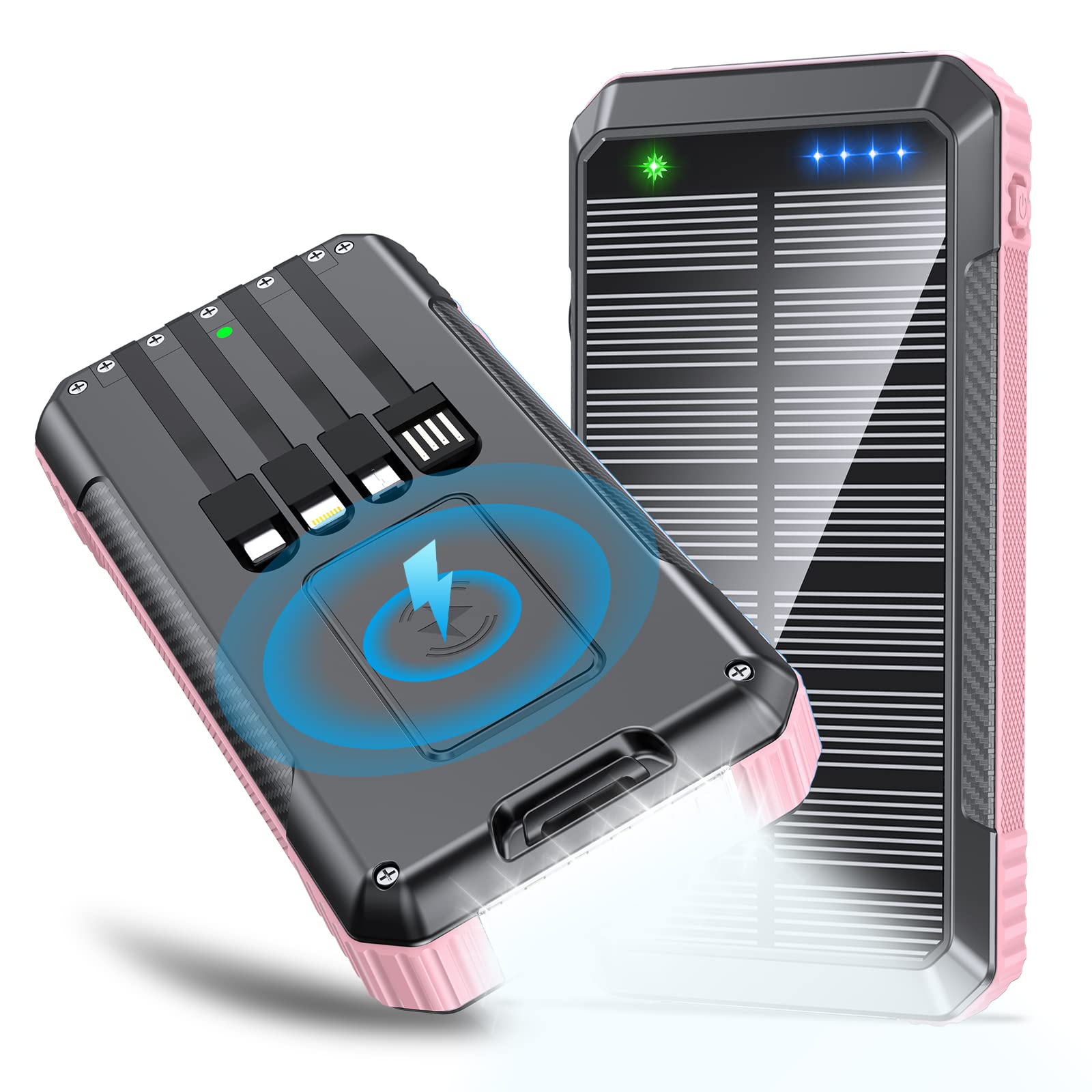 Photo 1 of DJKK Solar Power Bank Wireless Charger 33800mAh Built in 4 Cables and LED Camping Lights 22.5W Fast Charging Power Bank 7 Outputs 4 Inputs Portable Charger Compatible with All Mobile Devices (Pink)