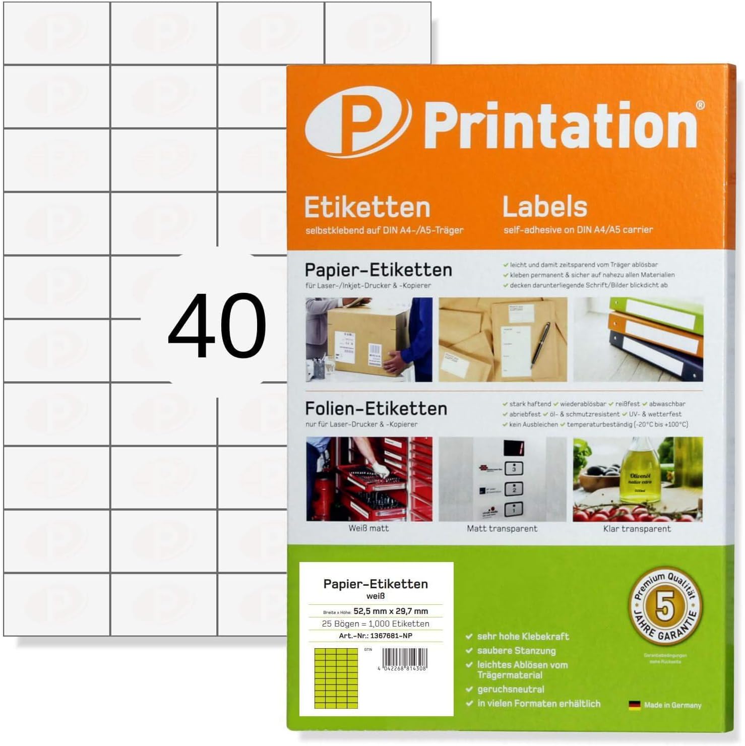 Printation Printer Labels A4 52.5 x 29.7 mm, 1000 White Stickers Labels