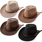 Chicingyou 4 Pcs Classic Western Cowboy Hat for Woman Men Felt Wide Brim Cowgirl Hats Women Belt Buckle Cap for Adults