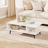 GOFLAME Small Wood Coffee Table, Mid Century Modern, 2-Tier, White | Low Profile Center Table with 2 Open Compartments, Metal Legs, Rectangular, Living Room, Apartment, 31.5&rdquo;L x 18&rdquo;W x 12&rdquo;H