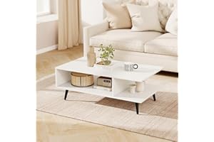 GOFLAME Wood Coffee Table, 2-Tier Mid Century Modern Center Table with 2 Open Storage Compartments & Metal Legs, Rectangular 