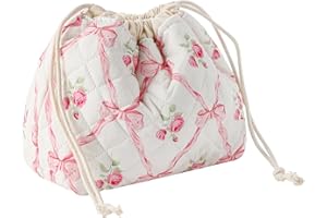 UEKEBOAG Cotton Quilted Drawstring Makeup Bag with Canvas Lining,Coquette Aesthetic Cute Travel Toiletry Bag,Drawstring Gift Bag for Women and Girls（03Pink Bows）