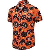 GRTXIN Halloween Shirts for Men Pumpkins Skeleton Shirt Short Sleeve Button Down Dress Shirts