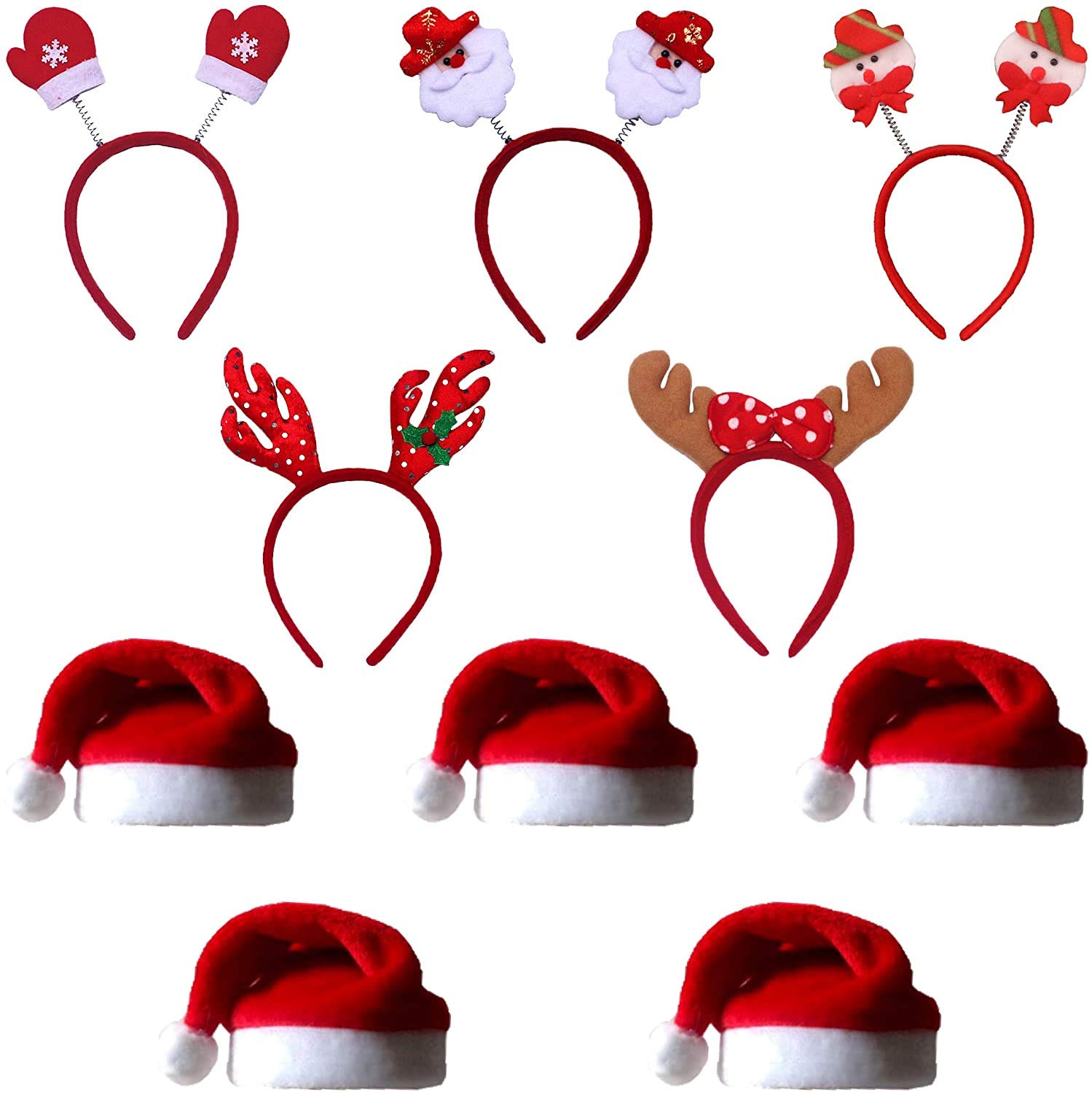 COSORO Costume Headwear 5Pcs Santa Hat & 5Pcs Christmas Headbands - Unisex Flannel Santa Claus Hat, Xmas Headbands for Christmas Party Goers - Gift for Adult/Kids