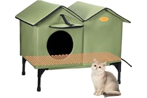 VILRAK Heated Cat House for Outside Large Outdoor Cat House for Winter Insulate Waterproof with Elevated Base, Warm Outdoor Feral Cat Shelter for Multiple Cats Small Dogs (Green)