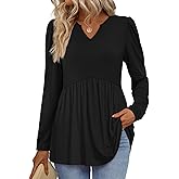 WIHOLL Womens Tops Long Sleeve Fall Shirts Babydoll Peplum Tops for Women V Neck Tunic Dressy Casual Blouses