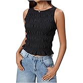 Milumia Women's Summer Sleeveless Shirred Crop Tank Top Crew Neck Smocked Ruffle Hem Shirt Top